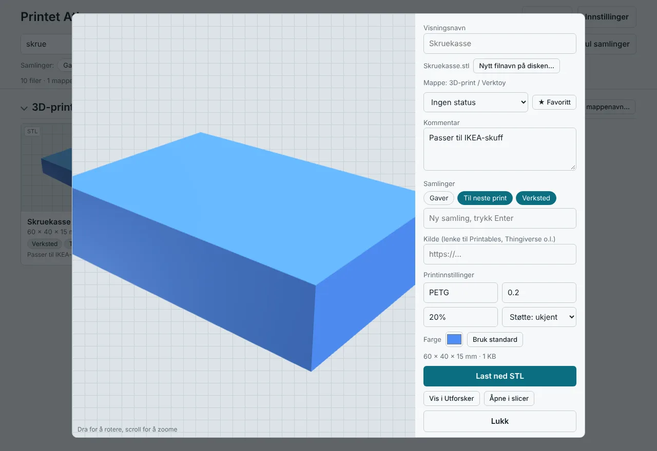 Modellvisning med 3D-modell til venstre og felt for navn, status, kommentar, samlinger og printinnstillinger til høyre