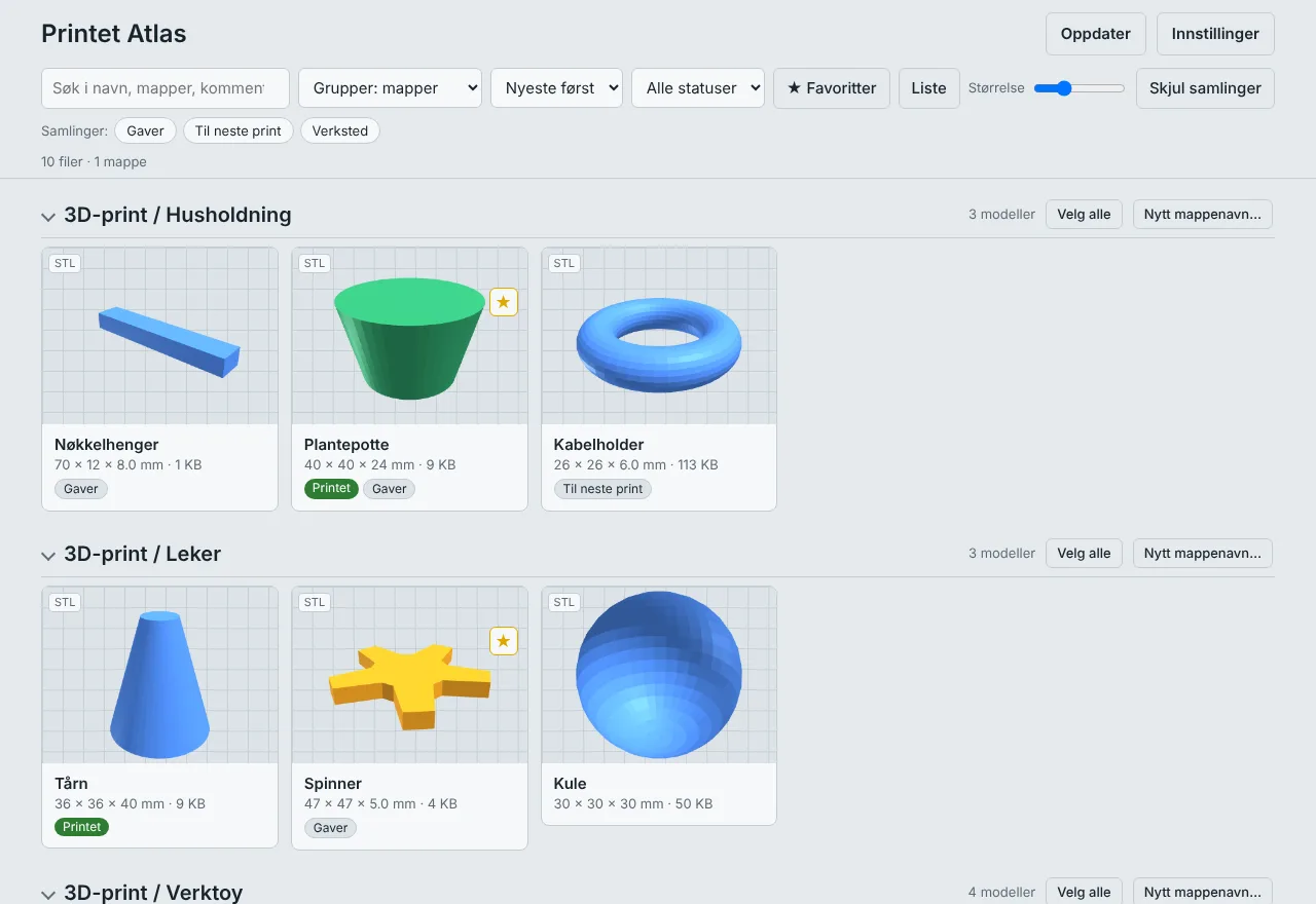 Printet Atlas med 3D-miniatyrer av modeller gruppert etter mappe
