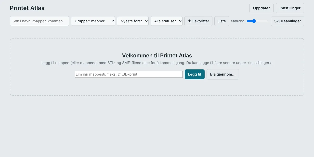 Velkomstskjermen med felt for mappesti og knappen Bla gjennom